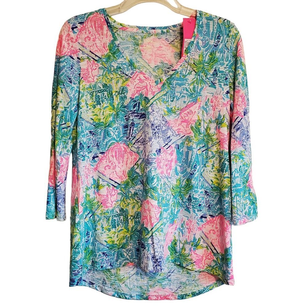 Lilly Pulitzer Etta Floral Beachy Coastal 3/4 Sleeve‎ Top XS NWT